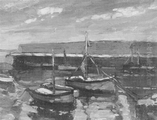 Boats In A Harbor Oil Painting by Frederick James Porter