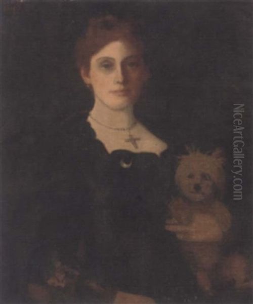 Portrait Of A Lady, Seated, In A Black Dress, Holding Her Dog Oil Painting by Maud Porter