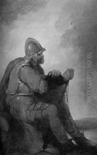 A Seated Soldier Wearing A Helmet And Breastplate Oil Painting by Robert Ker Porter