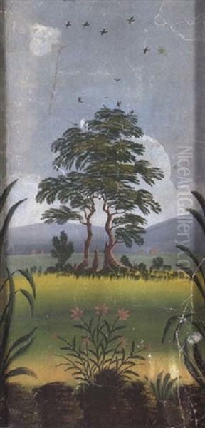 Landscape With Trees Forming The Silhouette Of A Colonial Soldier Oil Painting by Rufus Porter