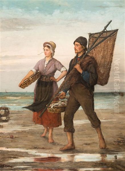 A Fisherman And A Fisherwoman On A Beach Oil Painting by Edward Antoon Portielje