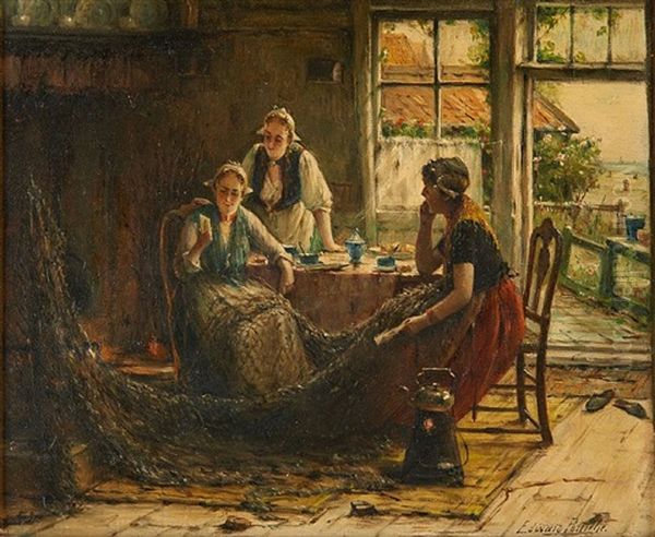 Les Ravaudeuses De Filet Oil Painting by Edward Antoon Portielje