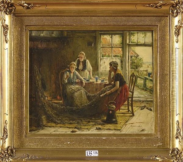 Les Trois Filles Du Pecheur Dans Un Interieur Oil Painting by Edward Antoon Portielje