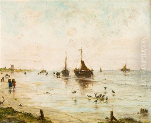 Plage Animee Aux Bateaux De Peche Oil Painting by Edward Antoon Portielje