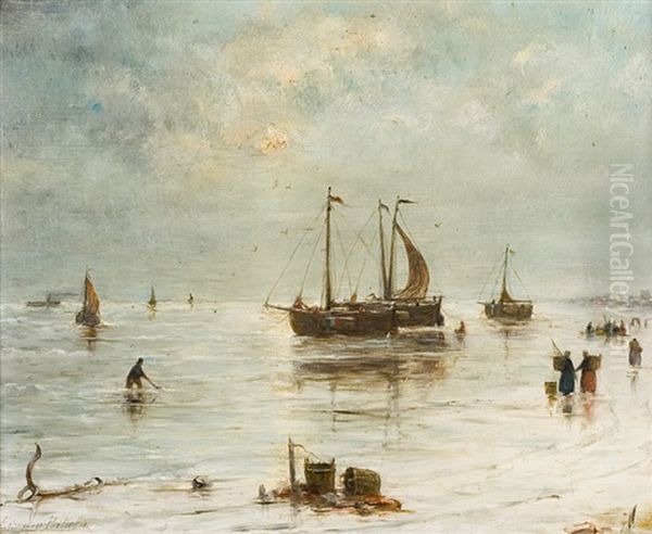 Plage Animee Aux Bateaux De Peche Oil Painting by Edward Antoon Portielje