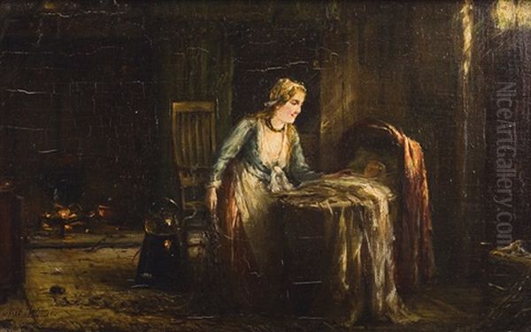 Femme Aupres Du Landeau Oil Painting by Edward Antoon Portielje