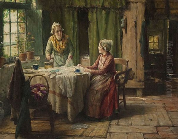 Zeeuws Interieur Met Twee Jonge Vrouwen Aan De Strijk Oil Painting by Edward Antoon Portielje