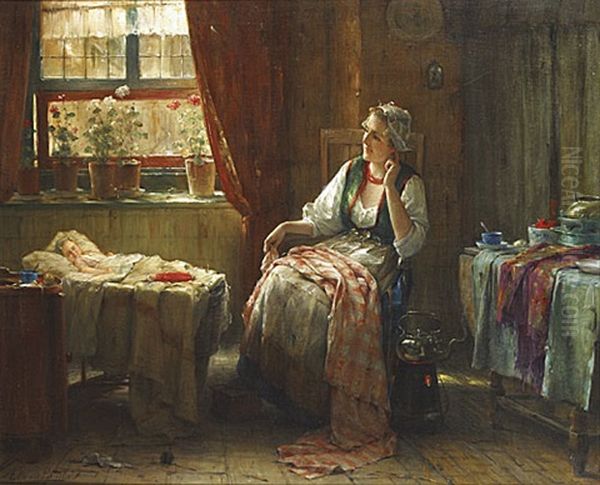 Moeder En Kind In Een Zeeuws Interieur Oil Painting by Edward Antoon Portielje