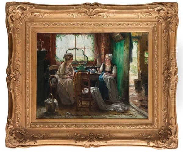 Femmes Zelandaises A L'ouvrage Devant La Fenetre Oil Painting by Edward Antoon Portielje