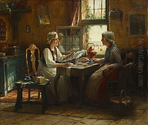 Kantkloster In Een Zeeuws Interieur Oil Painting by Edward Antoon Portielje