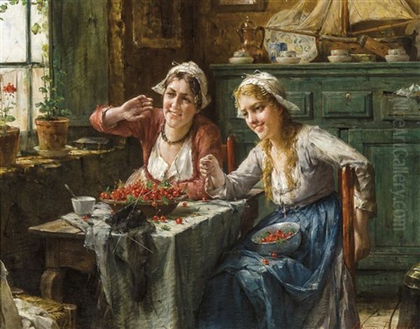 Les Mangeuses De Cerises Oil Painting by Edward Antoon Portielje