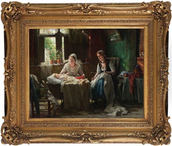 Scene Domestique Animee De Deux Soeurs Avec Le Nouveau Ne Oil Painting by Edward Antoon Portielje