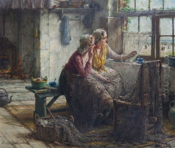 Interieur Zelandais Anime De Deux Femmes De Pecheur Reveuses Pres De La Fenetre Oil Painting by Edward Antoon Portielje