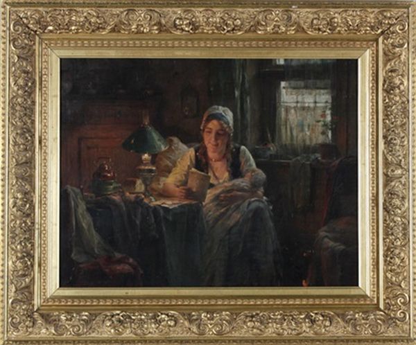 Muttergluck, Interieur Mit Im Schein Der Petroleumlampe Lesender Mutter Oil Painting by Edward Antoon Portielje