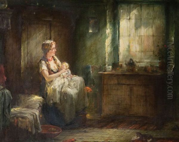 Interieur Anime D'une Jeune Mere, Enfant Et Petit Chat Oil Painting by Edward Antoon Portielje