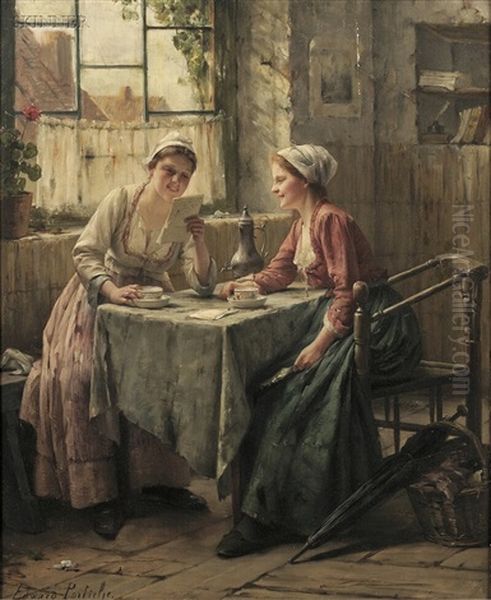 Interior With Two Young Women Sharing A Letter Oil Painting by Edward Antoon Portielje