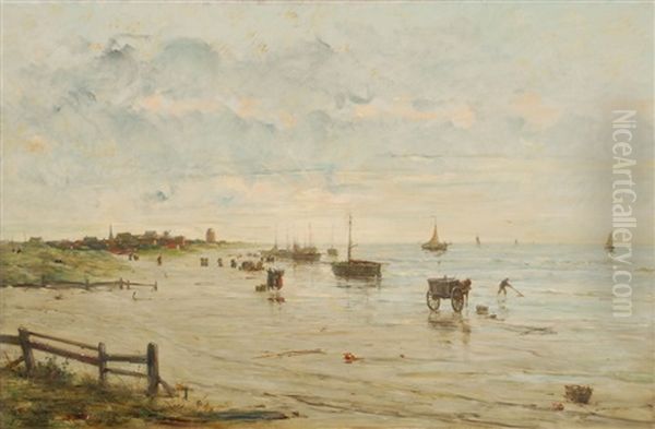 Vue De Plage Avec Le Retour Des Pecheurs Oil Painting by Edward Antoon Portielje