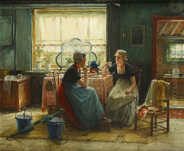 Twee Zeeuwse Dames In Een Interieur Oil Painting by Edward Antoon Portielje