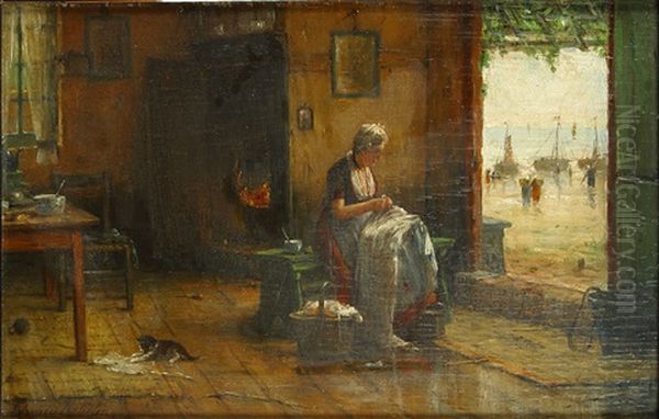 Naaiende Vrouwen In Een Interieur Met Open Deur Op Zeegezicht Oil Painting by Edward Antoon Portielje