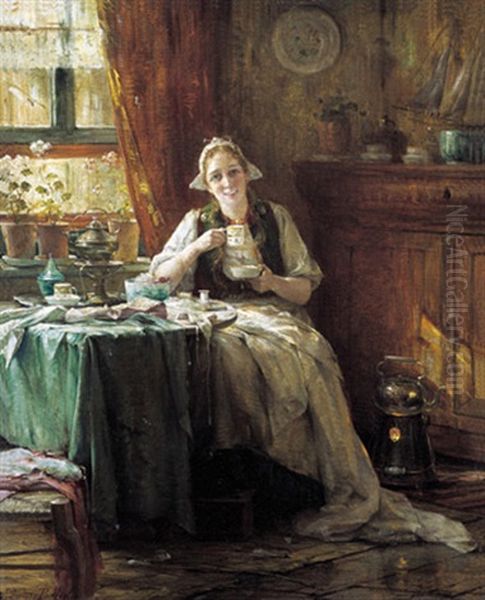 Het Thee-uurtje (zeeuws Interieur) Oil Painting by Edward Antoon Portielje