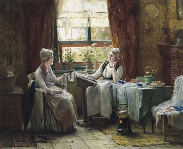 Zeeuws Interieur Met Kantklossters Oil Painting by Edward Antoon Portielje