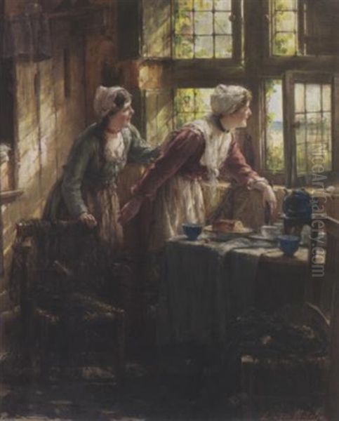 Zwei Madchen Am Offenen Fenster Oil Painting by Edward Antoon Portielje