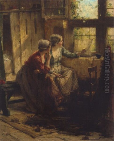 Zwei Junge Madchen Aus Dem Fenster Blickend Oil Painting by Edward Antoon Portielje