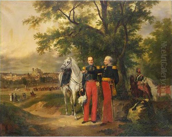 Portrait Du General J. Martin Petit Et Du General Strauss-detroyat Sur Les Hauteurs D'une Ville Oil Painting by Henri-Joseph Boichard