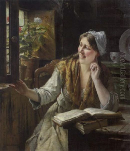 Jeune Hollandaise A La Lecture Oil Painting by Edward Antoon Portielje