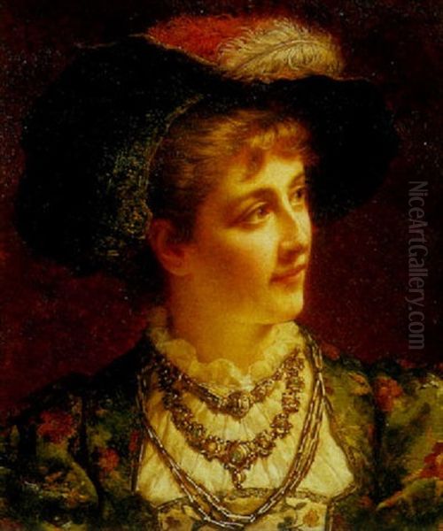 A Portrait Of A Lady With A Plumed Hat Oil Painting by Edward Antoon Portielje