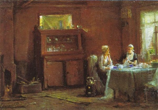 Interieur Met Zeeuwse Vrouwen Oil Painting by Edward Antoon Portielje