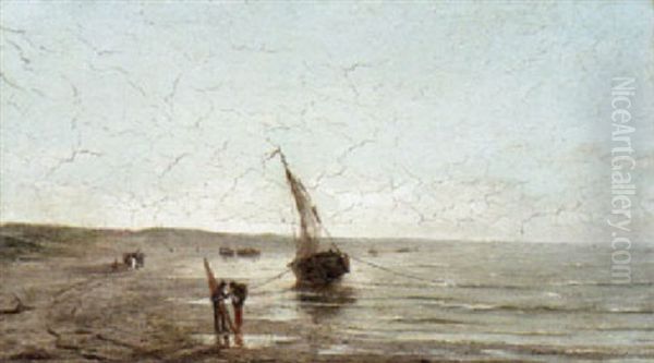 Fisherfolk On Shore Oil Painting by Edward Antoon Portielje