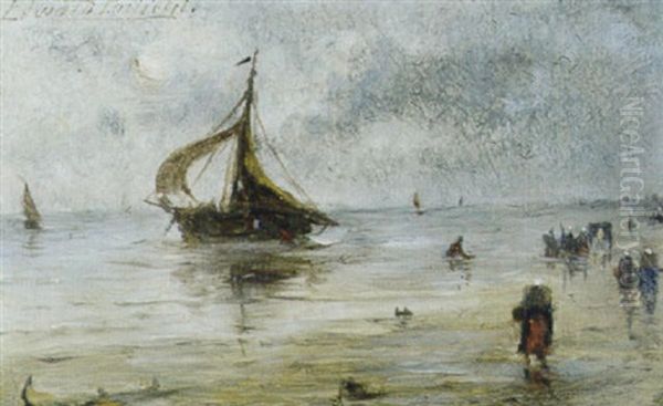 Strandgezicht Met Vissersboten Oil Painting by Edward Antoon Portielje