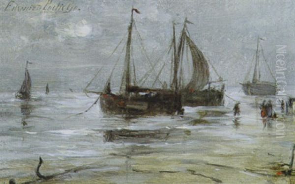 Strandgezicht Met Visserboten Oil Painting by Edward Antoon Portielje