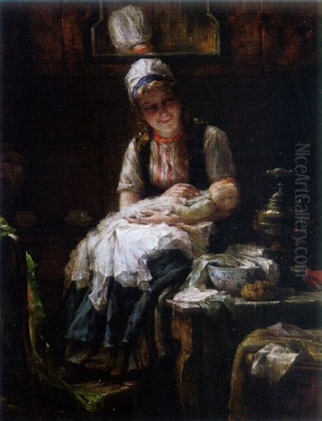 Playing Mother Oil Painting by Edward Antoon Portielje