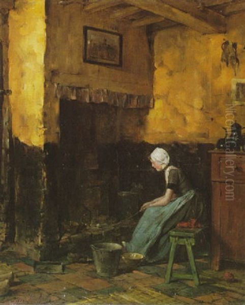 Interieur Met Meisje Bij De Haard Oil Painting by Edward Antoon Portielje