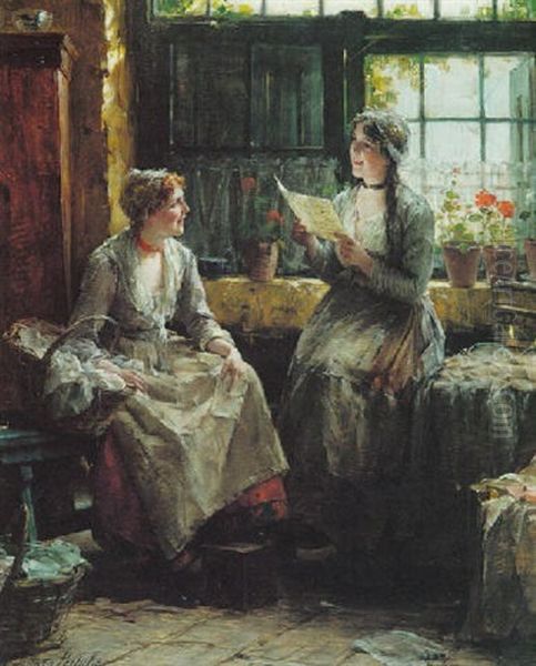 Reading The Letter Oil Painting by Edward Antoon Portielje