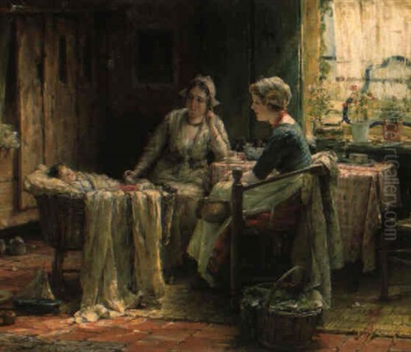 Bij De Wieg Oil Painting by Edward Antoon Portielje