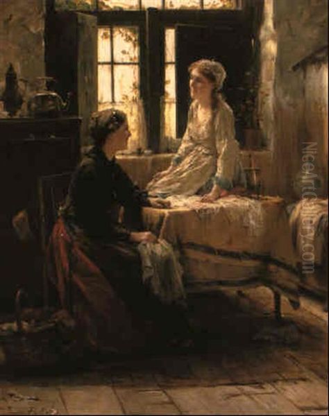 Girls In A Cottage Interior Oil Painting by Edward Antoon Portielje