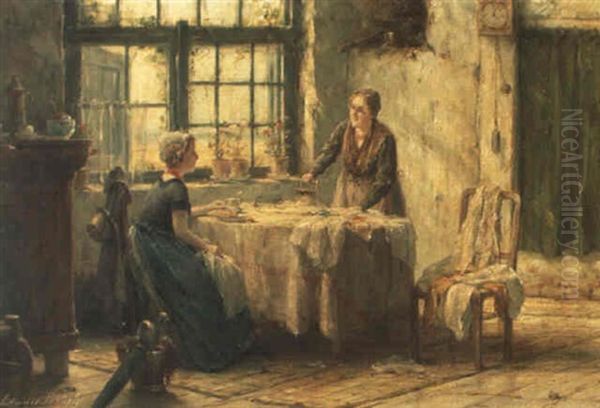 Deux Fillettes Dans Un Interieur Oil Painting by Edward Antoon Portielje