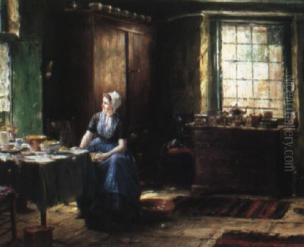 A Kitchen Interior Oil Painting by Edward Antoon Portielje