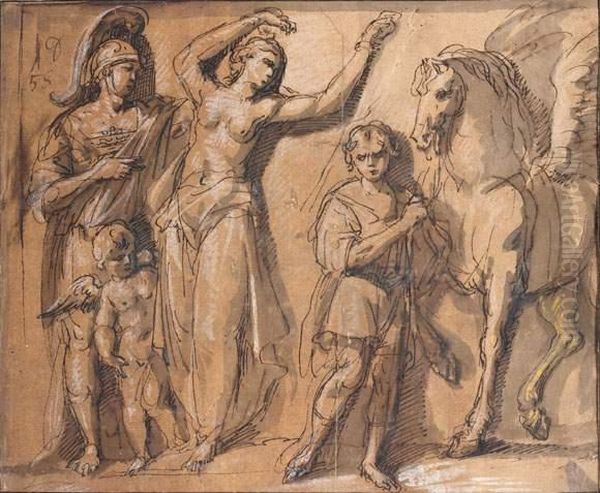 Persee, Andromede Et Pegase
 Plume Et Encre Noire, Lavis Brun, Rehauts De Gouache Blanche Et D'or Sur Papier Prepare Beige Oil Painting by Guillaume Boichot