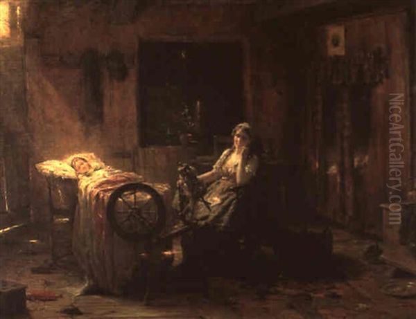 Dame Au Rouet Veillant Un Enfant Alite Oil Painting by Edward Antoon Portielje