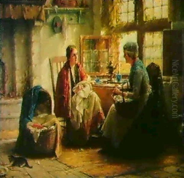 Visite A Une Jeune Mere                                     Het Bezoek Aan Een Jonge Moeder Oil Painting by Edward Antoon Portielje