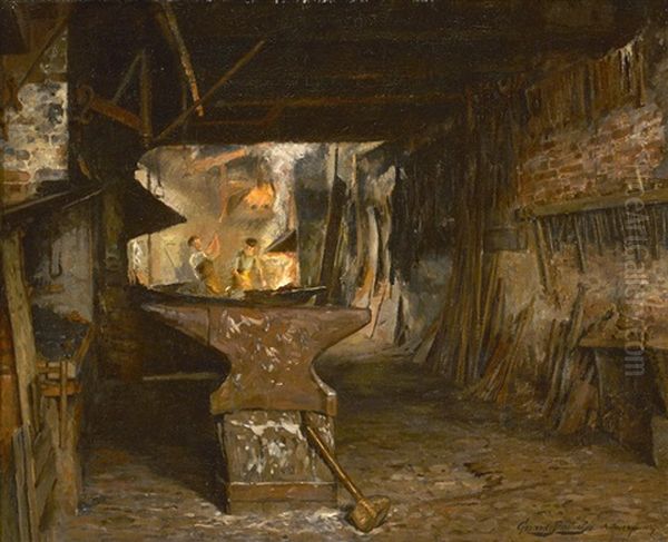 In The Blacksmith's Shop Oil Painting by Gerard Jozef Portielje