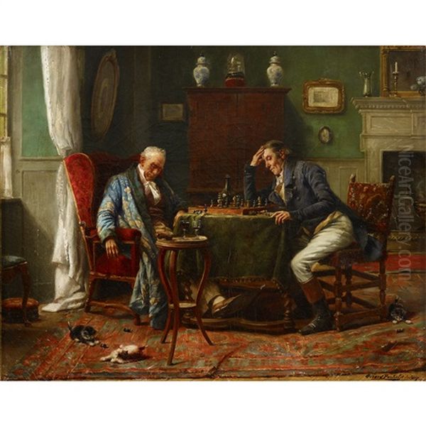 Chess Match Oil Painting by Gerard Jozef Portielje