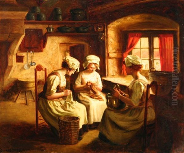 Three Women Sewing Beside A Window Oil Painting by Gerard Jozef Portielje