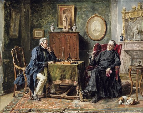 Les Joueurs D'echecs Oil Painting by Gerard Jozef Portielje