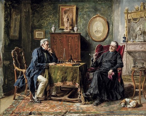 Les Joueurs D'echecs Oil Painting by Gerard Jozef Portielje