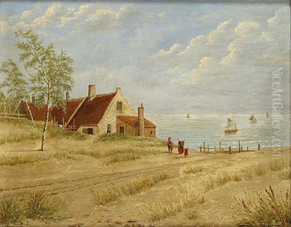 Personages En Huizen Bij De Zee Oil Painting by Gerard Jozef Portielje